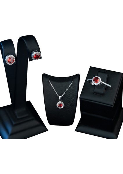 925 Ayar Gümüş Yeşil Ortası Kırmızı Tek Taşlı Takı Seti fiyatları