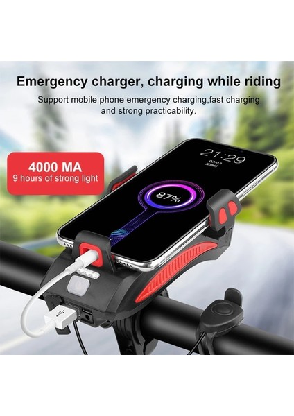 Siyah 2000MAH Tarzı Çok Fonksiyonlu Bisiklet Işık El Feneri Bisiklet Kornası Alarm Zili Mtb Far Cep Telefonu Tutucu Braketi Güç Bankası (Yurt Dışından)