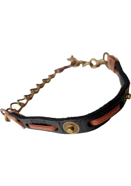 Köpek Kolyesi-Gerçek deri-Siyah/Taba-antik zincirli-Genişlik:1 cm-Boyun ölçüsü: L.40-50 cm-ayarlamalı-Dog Collar-K1-5 fırsatları