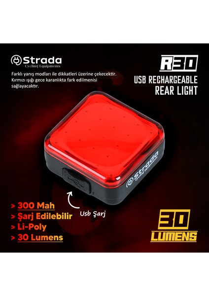 R-30 300MAH Şarj Edilebilir Li-Poly Bisiklet Arka Lambası