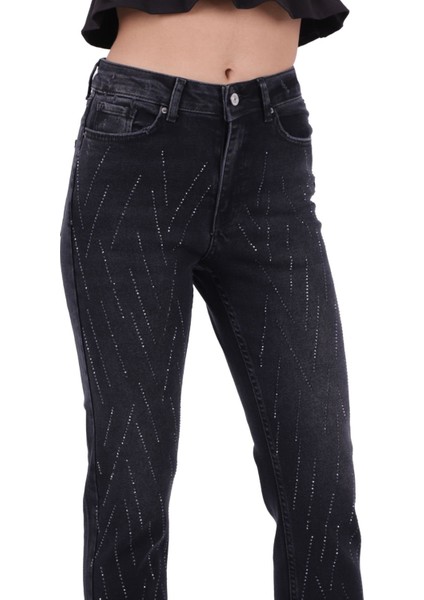 Çizgili Taşlı Ve Yüksek Belli Paçaları Dikişsiz Mom Jean Kadın Kot Pantolon Antrasit Denim fiyatları