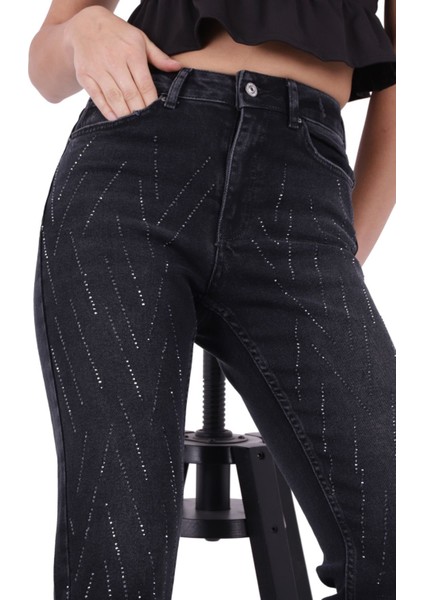 Çizgili Taşlı Ve Yüksek Belli Paçaları Dikişsiz Mom Jean Kadın Kot Pantolon Antrasit Denim