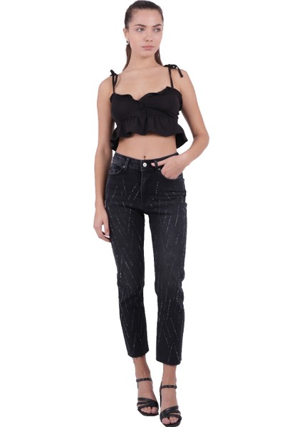 Çizgili Taşlı Ve Yüksek Belli Paçaları Dikişsiz Mom Jean Kadın Kot Pantolon Antrasit Denim fırsatları