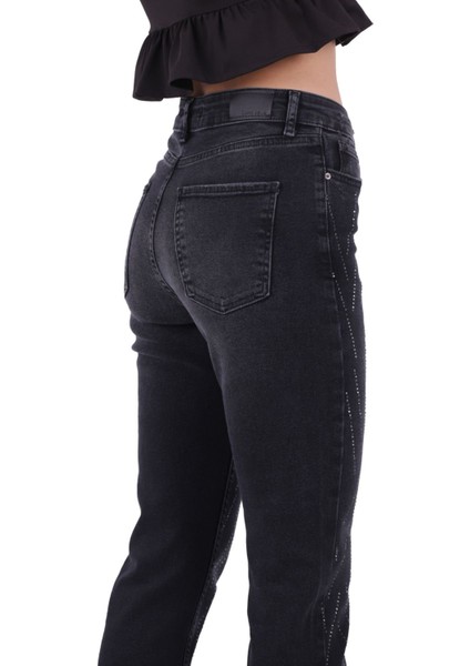 Çizgili Taşlı Ve Yüksek Belli Paçaları Dikişsiz Mom Jean Kadın Kot Pantolon Antrasit Denim indirimleri