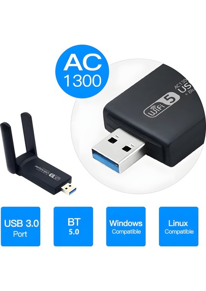 Pc Için Çift Anten Bt5.0 Wifi 2'si Bir Arada Çift Bantlı AC1300MBPS Usb3.0 Wifi Adaptörü