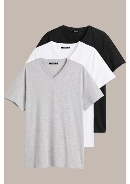 Metalıc Erkek Çok Renkli T- Shirt Regular Fit Rahat Kesim V Yaka 3'lü Basic Tişört Paketi