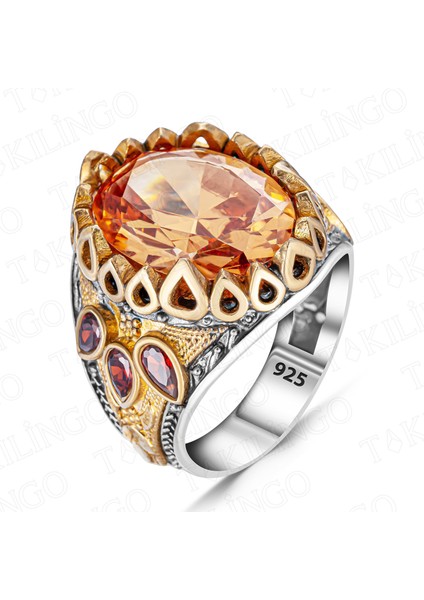 925 Ayar Gümüş Sitrin Taşlı Yanları Damla Model Erkek Yüzük fiyatları