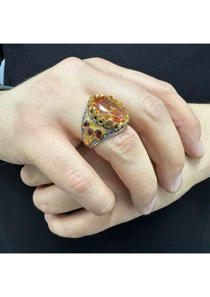 925 Ayar Gümüş Sitrin Taşlı Yanları Damla Model Erkek Yüzük modelleri