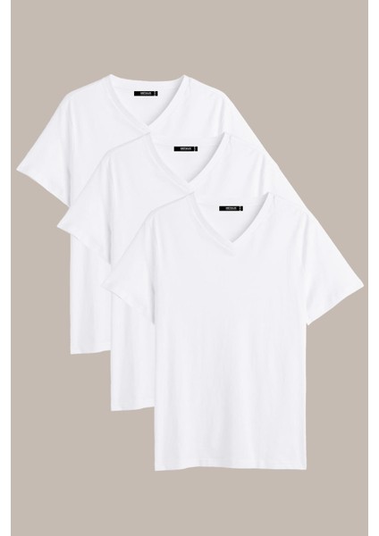 Metalıc Erkek Çok Renkli T- Shirt Regular Fit Rahat Kesim V Yaka 3'lü Basic Tişört Paketi