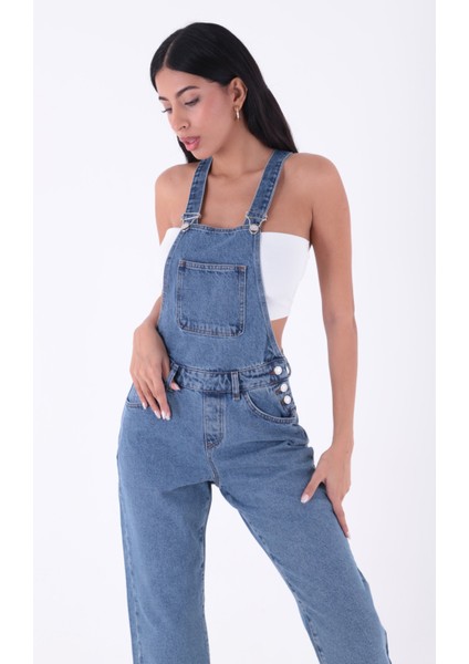 Yanları Düğme detaylı Dekoratif Cepli Astarsız Mom Fit Kadın Kot Tulum Orta Mavi Denim Dört Mevsim
