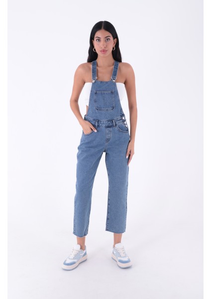 Yanları Düğme detaylı Dekoratif Cepli Astarsız Mom Fit Kadın Kot Tulum Orta Mavi Denim Dört Mevsim fiyatları