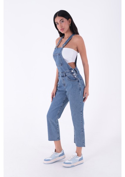 Yanları Düğme detaylı Dekoratif Cepli Astarsız Mom Fit Kadın Kot Tulum Orta Mavi Denim Dört Mevsim modelleri