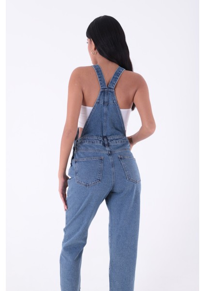 Yanları Düğme detaylı Dekoratif Cepli Astarsız Mom Fit Kadın Kot Tulum Orta Mavi Denim Dört Mevsim fırsatları