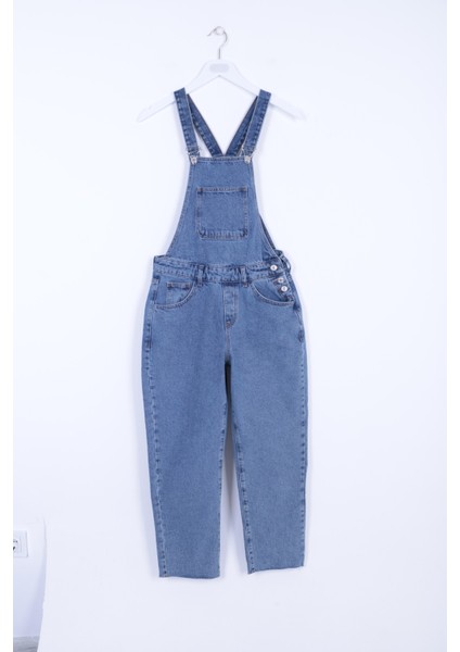 Yanları Düğme detaylı Dekoratif Cepli Astarsız Mom Fit Kadın Kot Tulum Orta Mavi Denim Dört Mevsim indirimleri