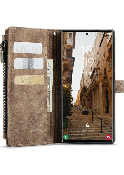 Samsung Galaxy S23 Için Ultra Pu Deri Kılıf 10 Kart Yuvaları Fermuar Cep Stand Telefon Kapak-Kahverengi (Yurt Dışından)