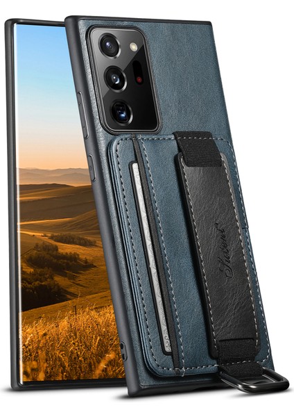 Samsung Galaxy NOTE20 ULTRA/NOTE20 Ultra 5g Kart Tutucu Deri Kaplamalı Pc+Tpu Telefon Kapağı Kickstand ve El Kayışı Mavisi (Yurt Dışından)