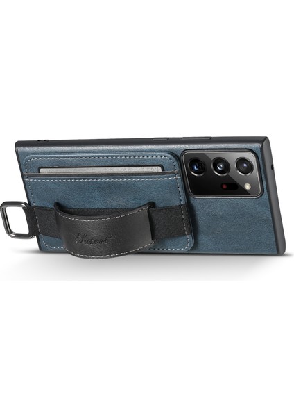Samsung Galaxy NOTE20 ULTRA/NOTE20 Ultra 5g Kart Tutucu Deri Kaplamalı Pc+Tpu Telefon Kapağı Kickstand ve El Kayışı Mavisi (Yurt Dışından)