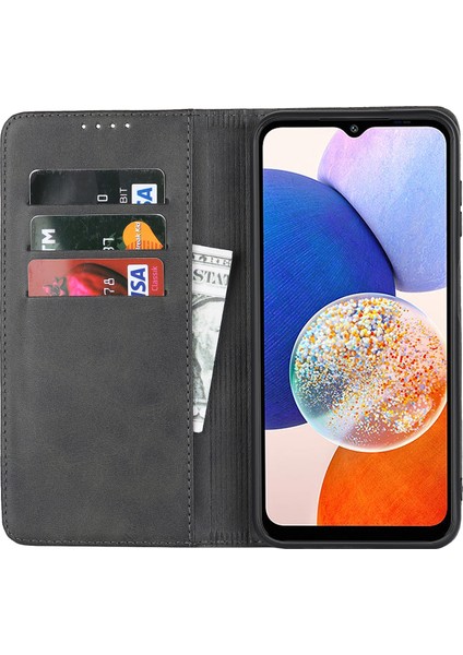 Samsung Galaxy A14 Için 5g Pu Deri Telefon Kılıf Buzağı Doku Stand Cüzdan Flip Folio Cover-Black (Yurt Dışından)