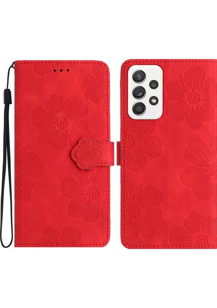 Samsung Galaxy A53 Için 5g Telefon Kapağı Pu Deri Baskılı Çiçekler Stand Cüzdan Tam Koruma Kasası-Kırmızı (Yurt Dışından)