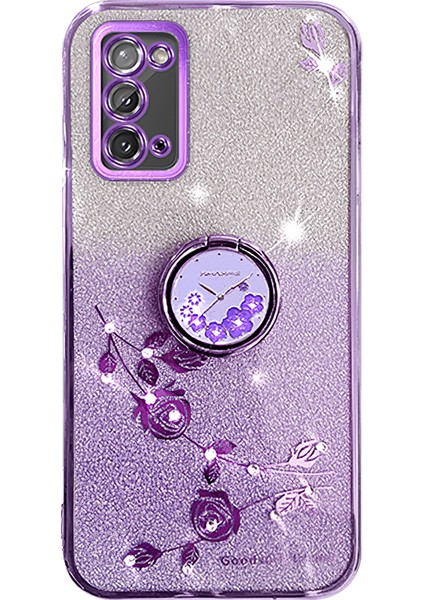 Samsung Galaxy A31 Glitter Gritent Gritient Yumuşak Tpu Kapağı Ring Kickstand-Spurple Için Kadem Çiçek Desen Telefon Kılıf (Yurt Dışından)