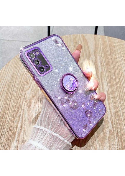 Samsung Galaxy A31 Glitter Gritent Gritient Yumuşak Tpu Kapağı Ring Kickstand-Spurple Için Kadem Çiçek Desen Telefon Kılıf (Yurt Dışından)