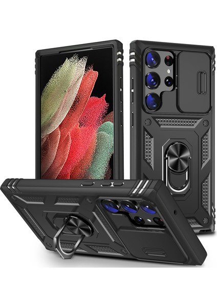 Samsung Galaxy S23 Için Ultra Koruyucu Telefon Kılıfı ile Ring Kickstand Card Tutucu ile Telefon Telefon Kameralı Kameralı Kapak-Black (Yurt Dışından)