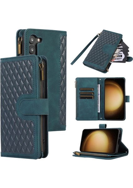 Samsung Galaxy S23 Için+ Zipper Cep Deri Deri Cüzdan Telefon Kılıfı Rhombus Izgara Kart Tutucu Stand Kapak Yeşili (Yurt Dışından)