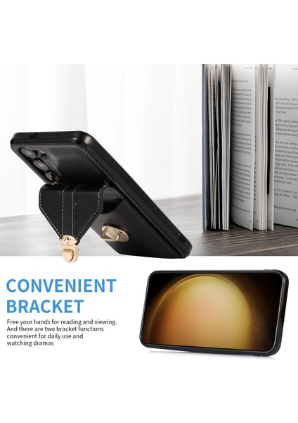 Samsung Galaxy S23 Kart Tutucu Için Pu Deri+Tpu Kılıf Omuz Kayışı Black ile Kickstand Telefon Kapağı (Yurt Dışından)