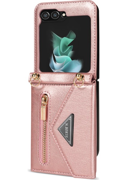 Samsung Galaxy Z Flip5 Için N.bekus 5g Telefon Kılıfı Pu Deri Kaplamalı Pc Zipper Cep Kart Yuvaları Omuz Kayış Pembe ile Kapak (Yurt Dışından)