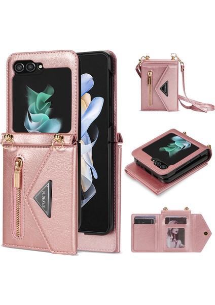 Samsung Galaxy Z Flip5 Için N.bekus 5g Telefon Kılıfı Pu Deri Kaplamalı Pc Zipper Cep Kart Yuvaları Omuz Kayış Pembe ile Kapak (Yurt Dışından)