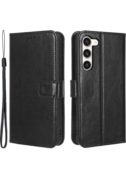 Samsung Galaxy S23 Için Telefon Kapağı+ Pu Deri Çılgın At Doku Cüzdan Stand Telefon Kılıfı Strap-Black (Yurt Dışından)