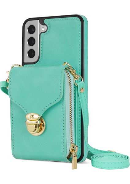 Samsung Galaxy S21 Fe 5g Pu Deri Kaplamalı Tpu Telefon Kılıfı Crossbody Fermuar Çanta Kart Tutucu Kickstand Cover Nane Yeşil (Yurt Dışından)