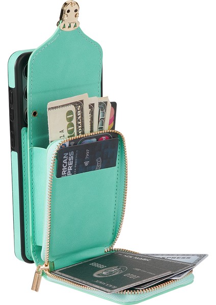 Samsung Galaxy S21 Fe 5g Pu Deri Kaplamalı Tpu Telefon Kılıfı Crossbody Fermuar Çanta Kart Tutucu Kickstand Cover Nane Yeşil (Yurt Dışından)