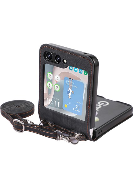 Samsung Galaxy Z Flip5 Için 5g Cilt Dokunmatik Telefon Kılıfı Şok Geçirmez Pu Deri Pc Telefon Kapağı Omuz Kayışı Black (Yurt Dışından)