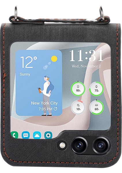 Samsung Galaxy Z Flip5 Için 5g Cilt Dokunmatik Telefon Kılıfı Şok Geçirmez Pu Deri Pc Telefon Kapağı Omuz Kayışı Black (Yurt Dışından) fiyatları