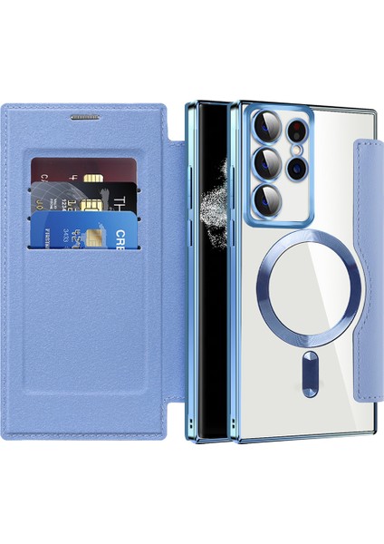 Samsung Galaxy S22 Ultra 5g Rfıd Engelleme Kart Tutucu Kılıfı Magsafe Deri+Tpu Telefon Kapak Mavisi (Yurt Dışından)