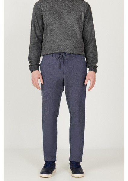 Erkek Lacivert Slim Fit Dar Kesim Beli Bağlamalı Esnek Pantolon