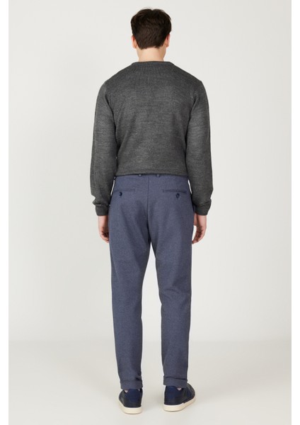 Erkek Lacivert Slim Fit Dar Kesim Beli Bağlamalı Esnek Pantolon