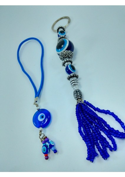 Araba Dikiz Ayna Süsü + Nazar Boncuğu Anahtarlık Ikili Set El Yapımı Hediyelik Eşya Seti