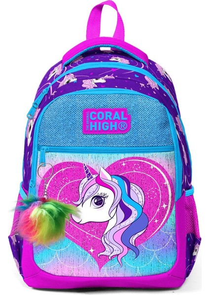 Coral High Üç Bölmeli Mor Pembe Unicorn Desenli Simli Okul Sırt Çantası