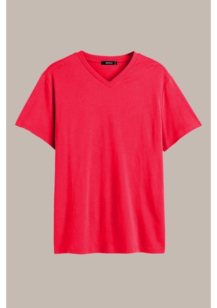 Erkek Kırmızı Slim Fit Pamuklu Kısa Kollu V Yaka T-Shirt