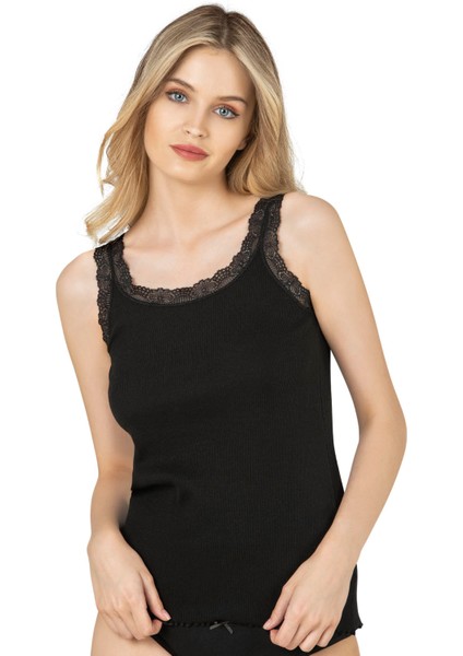 Özkan 26816 Kadın Pamuklu Fitilli Yakası Dantel Detaylı Kalın Askılı Atlet