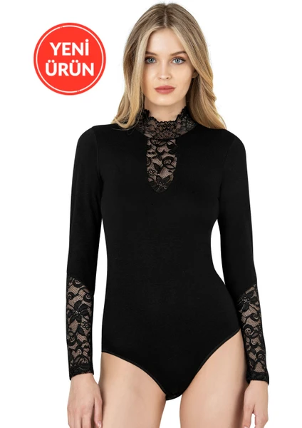 Özkan Underwear Özkan 26860 Kadın Viskon Esnek Yumuşak Yakası ve Kolları Dantel Detaylı Dik Yaka Uzun Kollu Kancalı Çıtçıtlı Örme Body