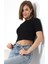 Pamuklu Ribana Bisiklet Yaka Crop T-Shirt 21560 Siyah 2