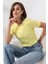 Pamuklu Ribana Bisiklet Yaka Crop T-Shirt 21560 Açık Sarı 3