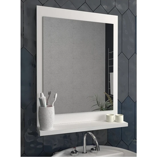 Thevida Dresuar, 60X45 Beyaz Raflı Banyo Aynası, Lavabo Üstü Ayna