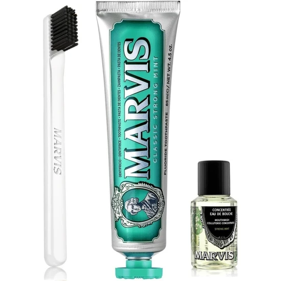 Marvis Classic Strong Mint Diş Macunu 85 ml + Yumuşak Diş Fırçası + Konsantre Ağız Gargarası 30 ml