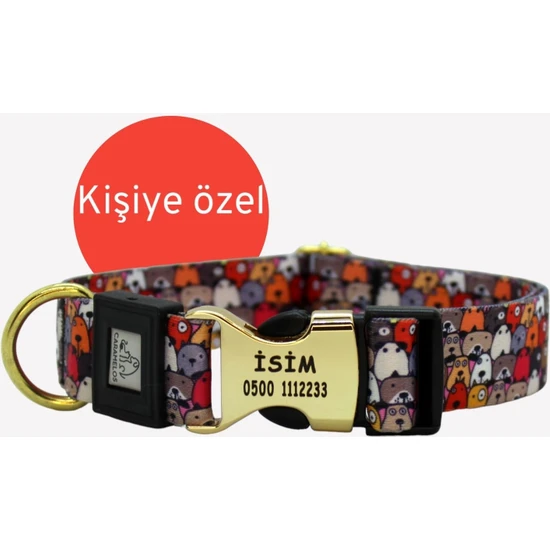 Caramelos Kişiye Özel Isimli  Künyeli Orta ve Büyük Irk Ayarlanabilir Köpek Boyun Tasması 2,5 cm