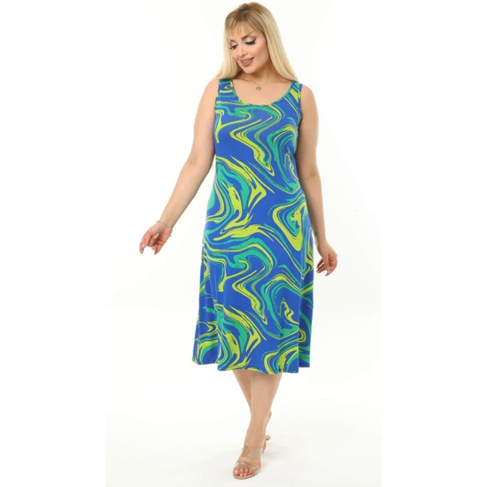 Mooi Kadın Mavi Yeşil Dalga Desenli Askılı Büyük Beden Elbise
