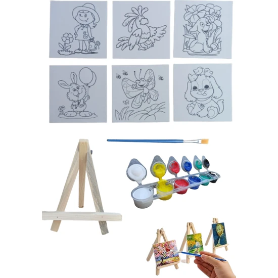 O&S Mini Şövale Çizimli Resim Başlangıç Seti, Akrilik Boya, Fırça, Şövale Çocuk Hediye Ressam Seti
